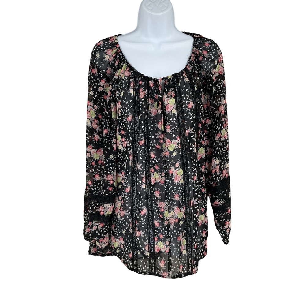 LC Lauren Conrad Peasant Top Womens M Black Floral Lace Boho Chiffon Cottagecore